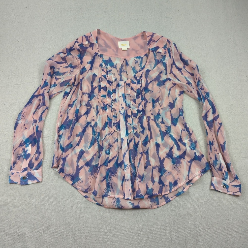 Maeve Blouse Womens 6 Pink Blue Anthropologie Silk Sheer Abstract Pleated